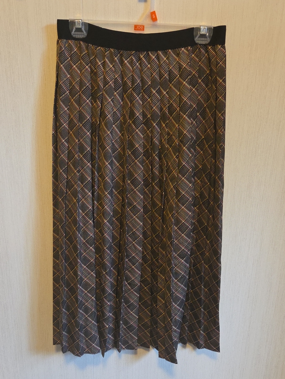 Joe Fresh Black Plaid Pleated Midi Skirt with Tan and Cream Accents
